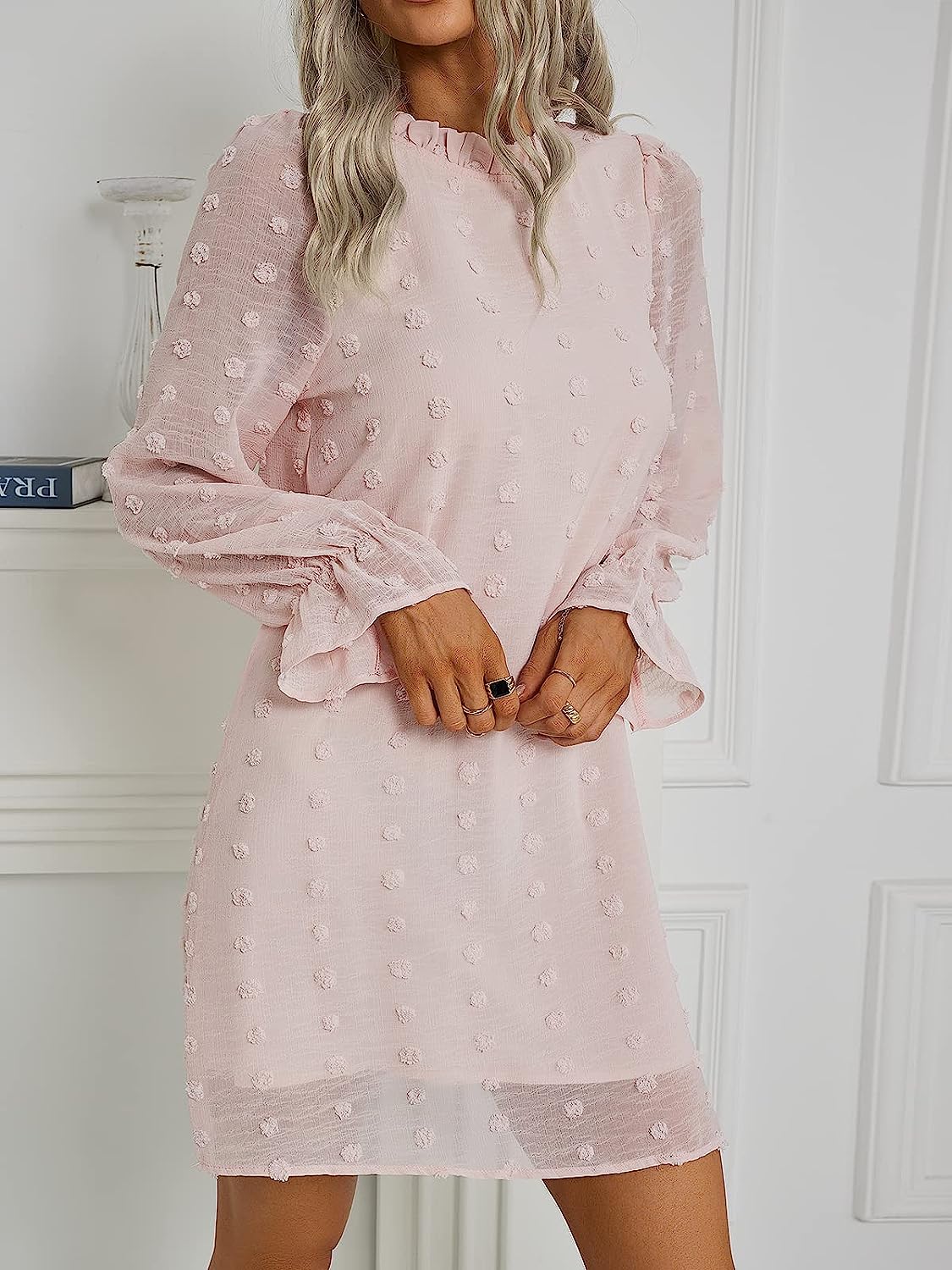 Adibosy Women's Dress Long Sleeve Swiss Dot Mini Dresses Round Neck Loose Chiffon Casual Short Dress - Image 4